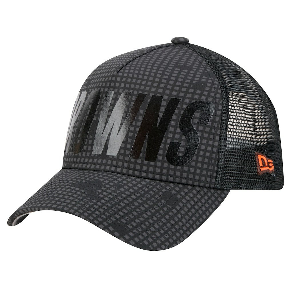 Cleveland Browns New Era Throwback Midnight Ink Tonal Text A-Frame Trucker 9FORTY Adjustable Hat Black - NFL