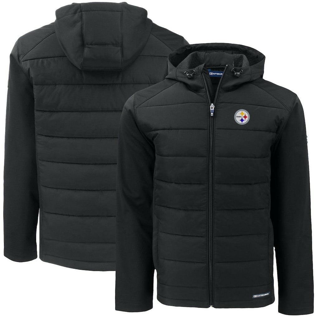 Pittsburgh Steelers Cutter & Buck Big & Tall Evoke Hybrid Eco Softshell Recycled Full-Zip Hooded Jacket Black - NFL