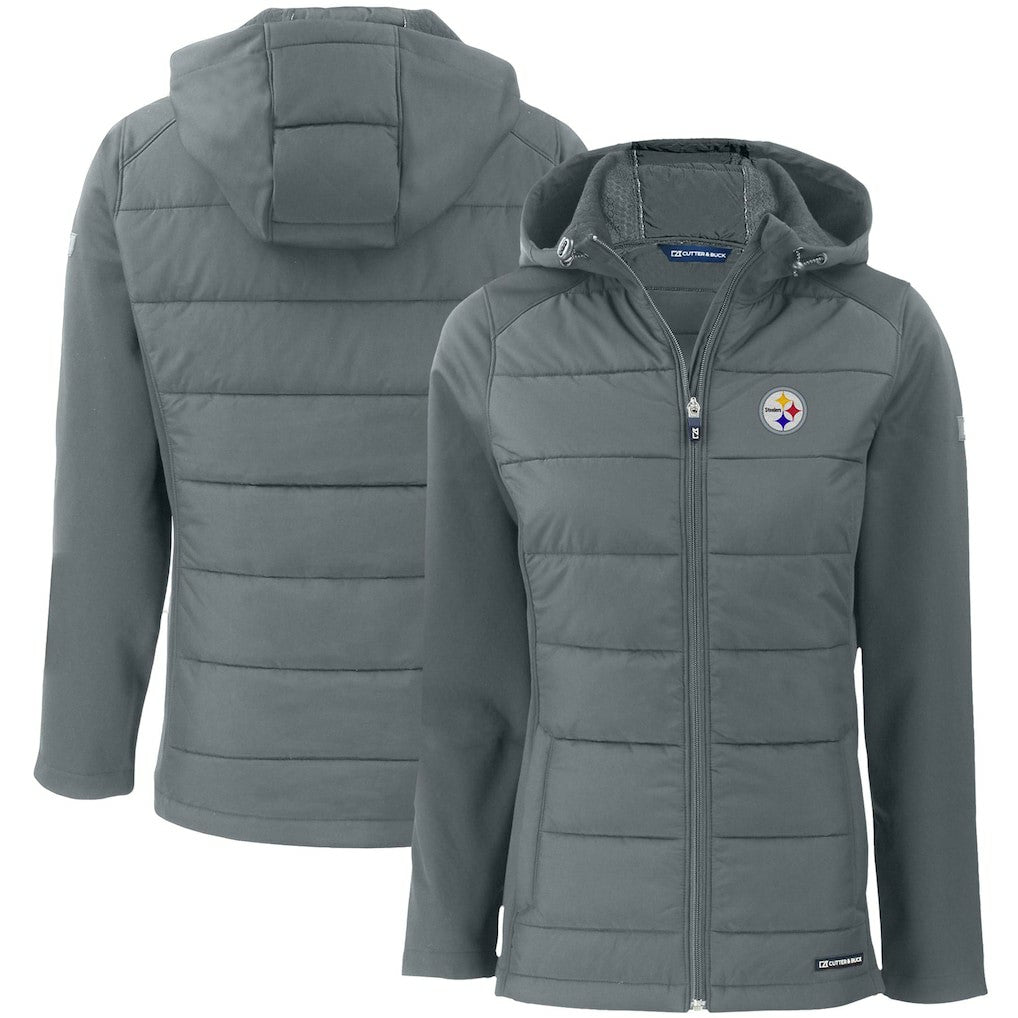 Pittsburgh Steelers Cutter & Buck Women's Evoke PrimaLoft Hybrid Eco Softshell Recycled Full-Zip Hooded Jacket Gray - NFL