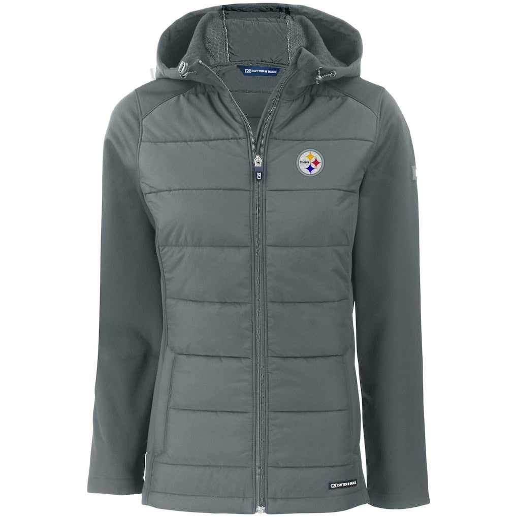 Pittsburgh Steelers Cutter & Buck Women's Evoke PrimaLoft Hybrid Eco Softshell Recycled Full-Zip Hooded Jacket Gray - NFL