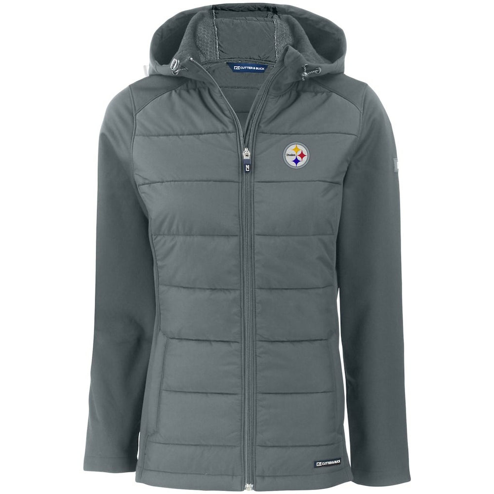 Pittsburgh Steelers Cutter & Buck Women's Evoke PrimaLoft Hybrid Eco Softshell Recycled Full-Zip Hooded Jacket Gray - NFL