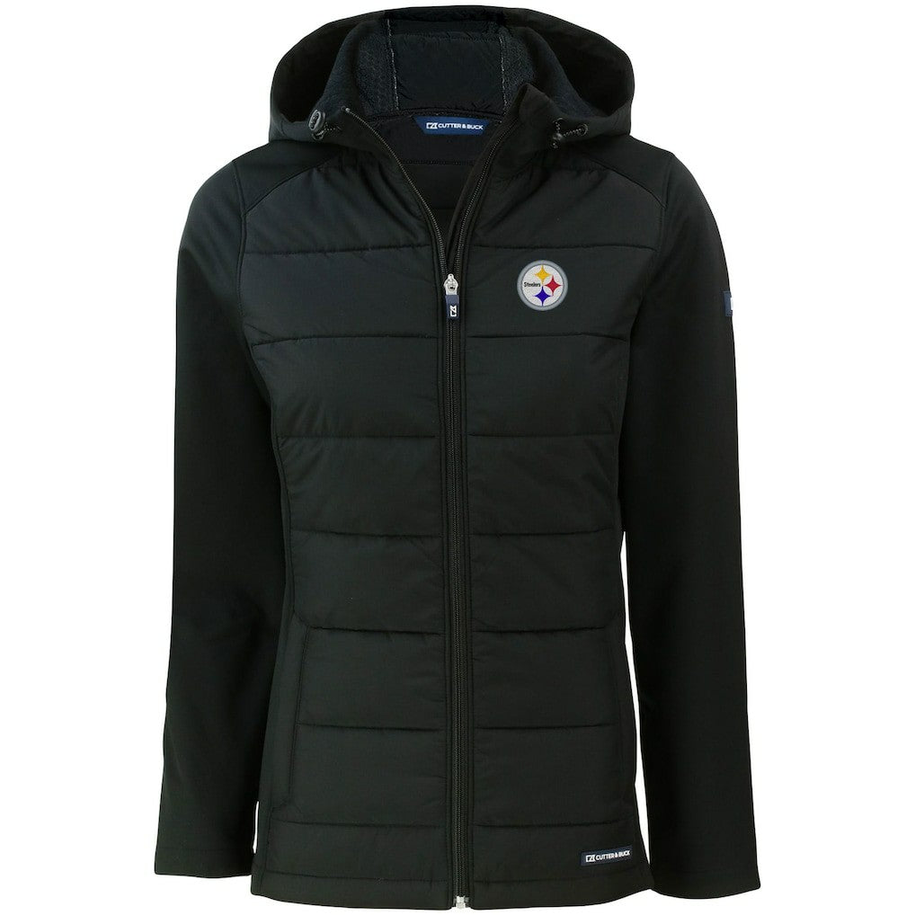 Pittsburgh Steelers Cutter & Buck Women's Evoke PrimaLoft Hybrid Eco Softshell Recycled Full-Zip Hooded Jacket Black - NFL