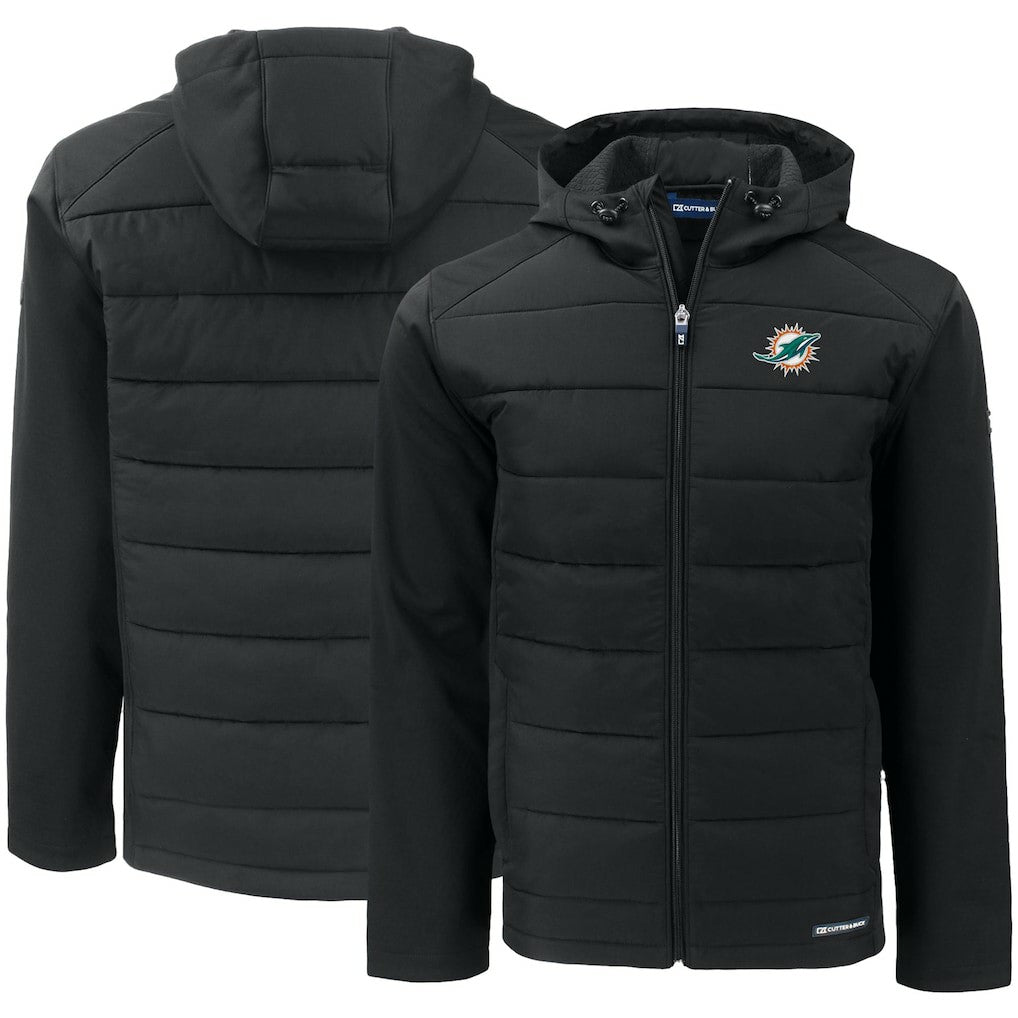 Miami Dolphins Cutter & Buck Evoke PrimaLoft Hybrid Eco Softshell Recycled Full-Zip Hooded Jacket Black - NFL
