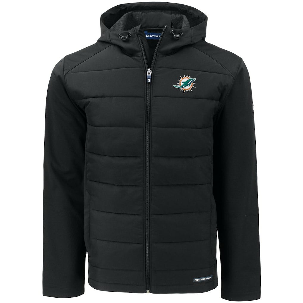 Miami Dolphins Cutter & Buck Evoke PrimaLoft Hybrid Eco Softshell Recycled Full-Zip Hooded Jacket Black - NFL