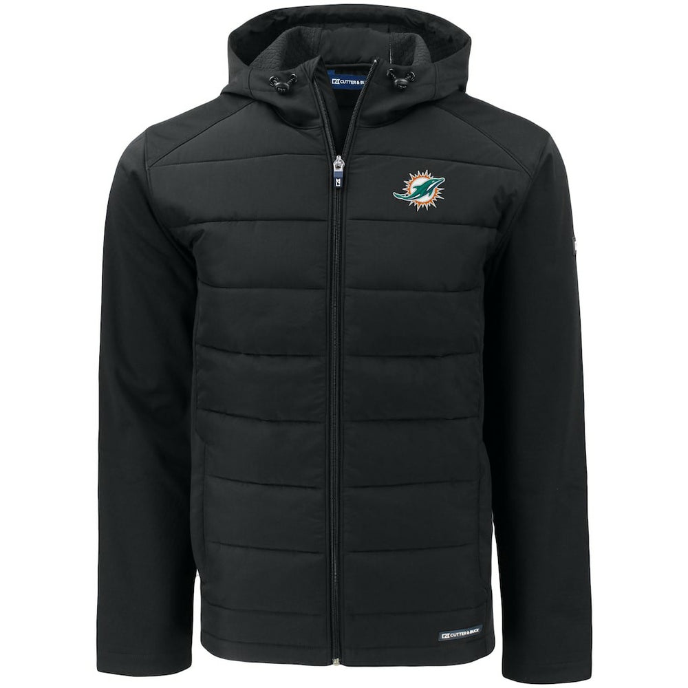Miami Dolphins Cutter & Buck Evoke PrimaLoft Hybrid Eco Softshell Recycled Full-Zip Hooded Jacket Black - NFL