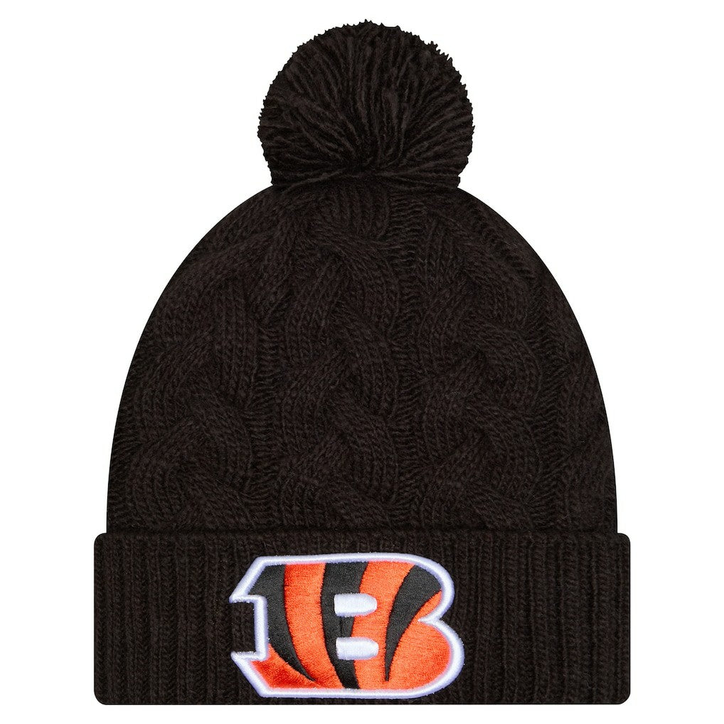 Cincinnati Bengals New Era Girls Youth Cabled Cuffed Knit Hat with Pom Black - NFL