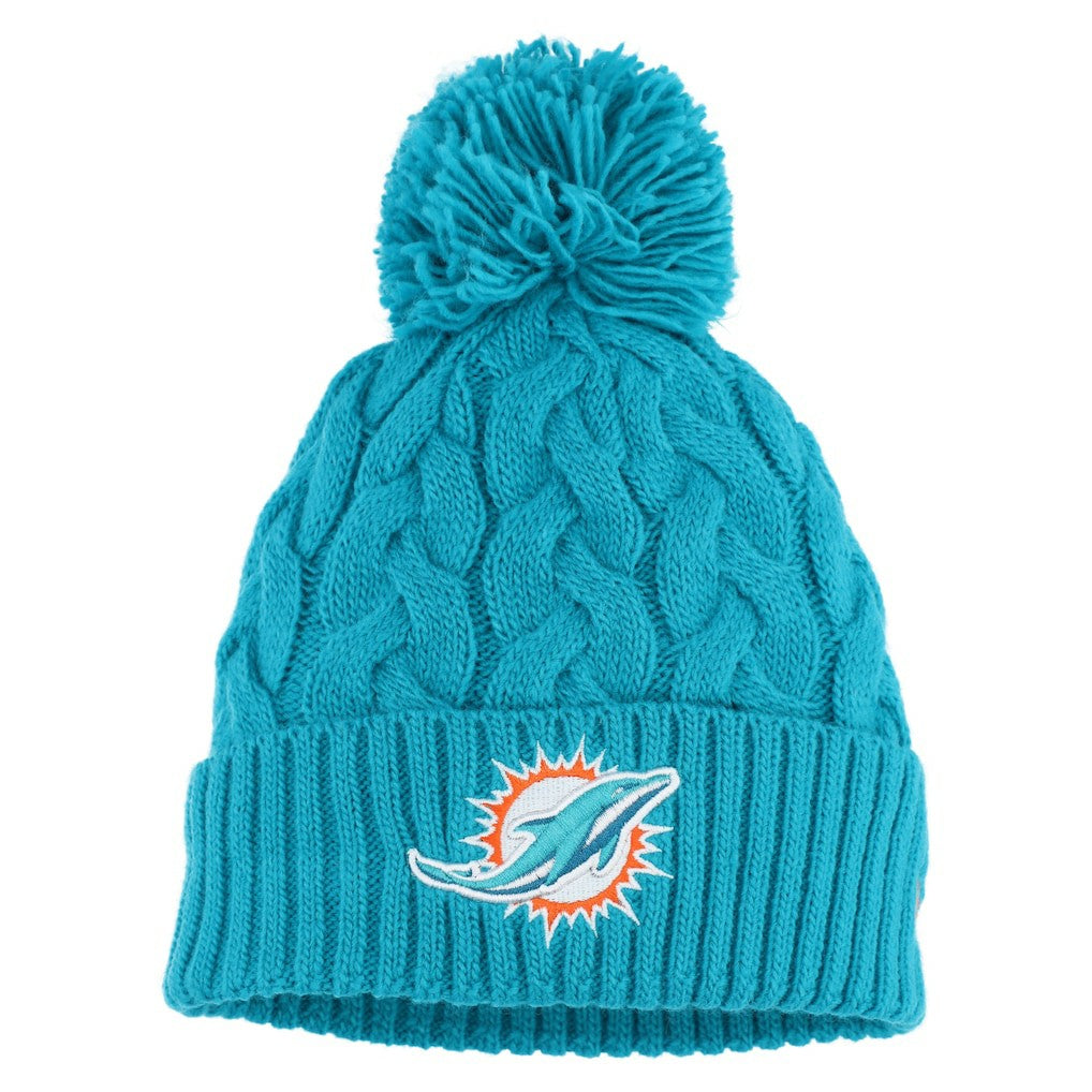 Miami Dolphins New Era Girls Youth Cabled Cuffed Knit Hat with Pom Aqua - NFL