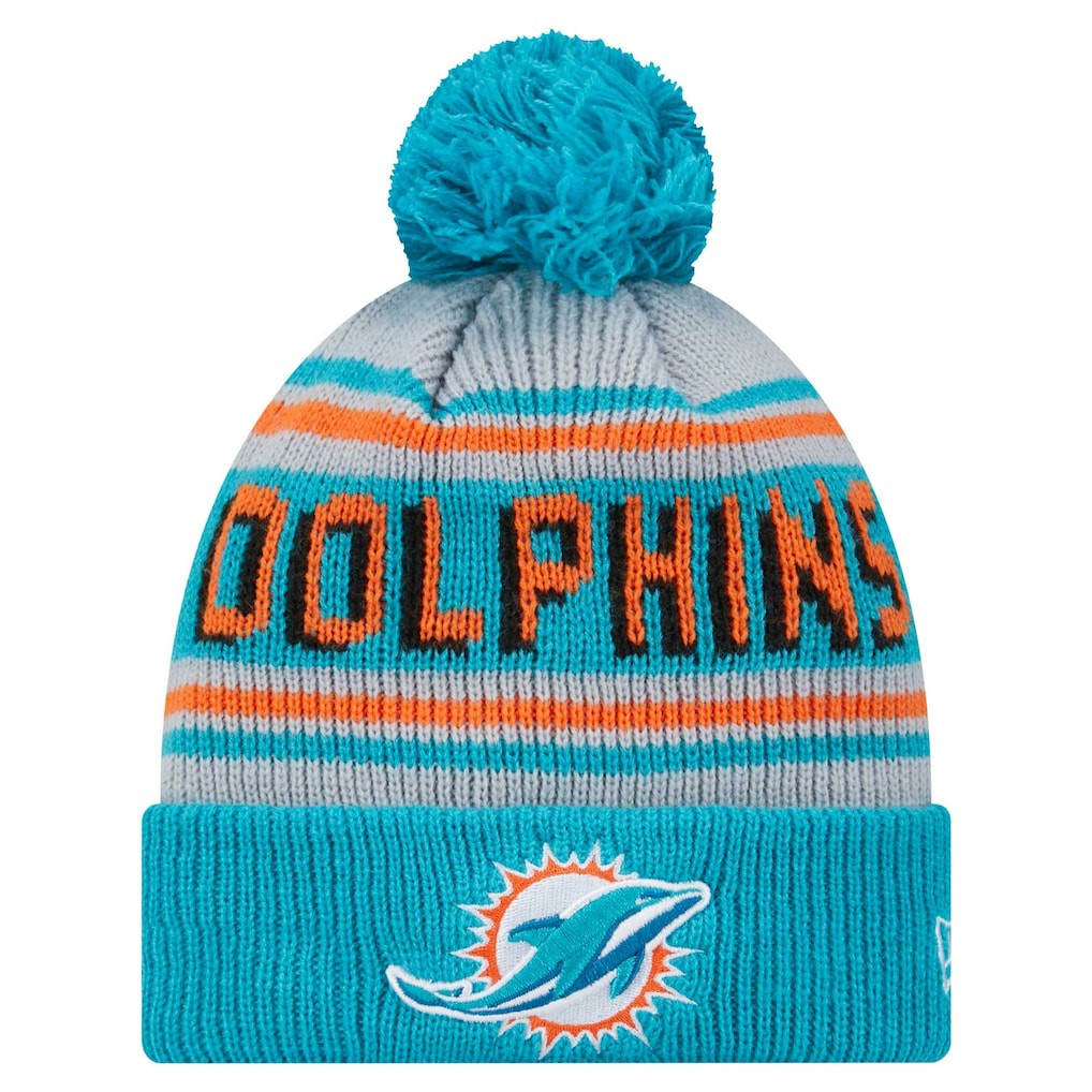 Miami Dolphins New Era Youth Main Cuffed Knit Hat with Pom Aqua - NFL