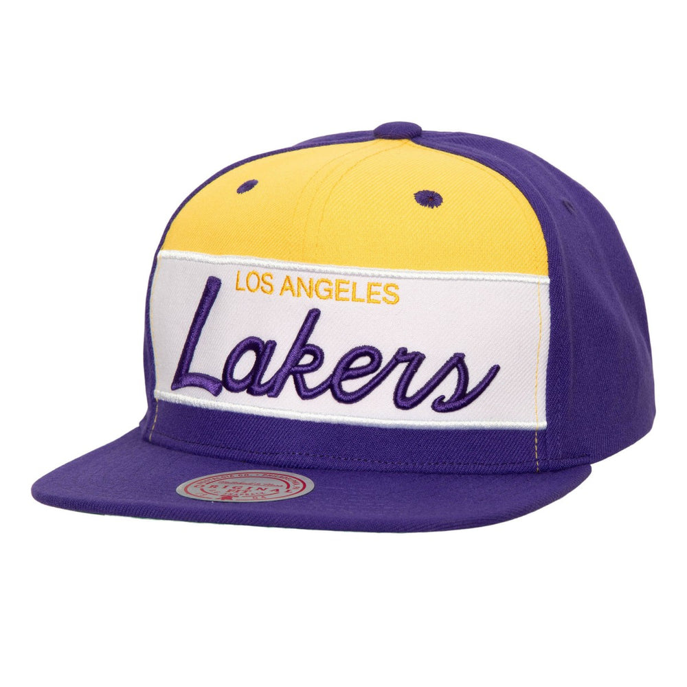 Mitchell & Ness - Los Angeles Lakers Retro Sport Color Block Script Snapback Hat - White/Purple