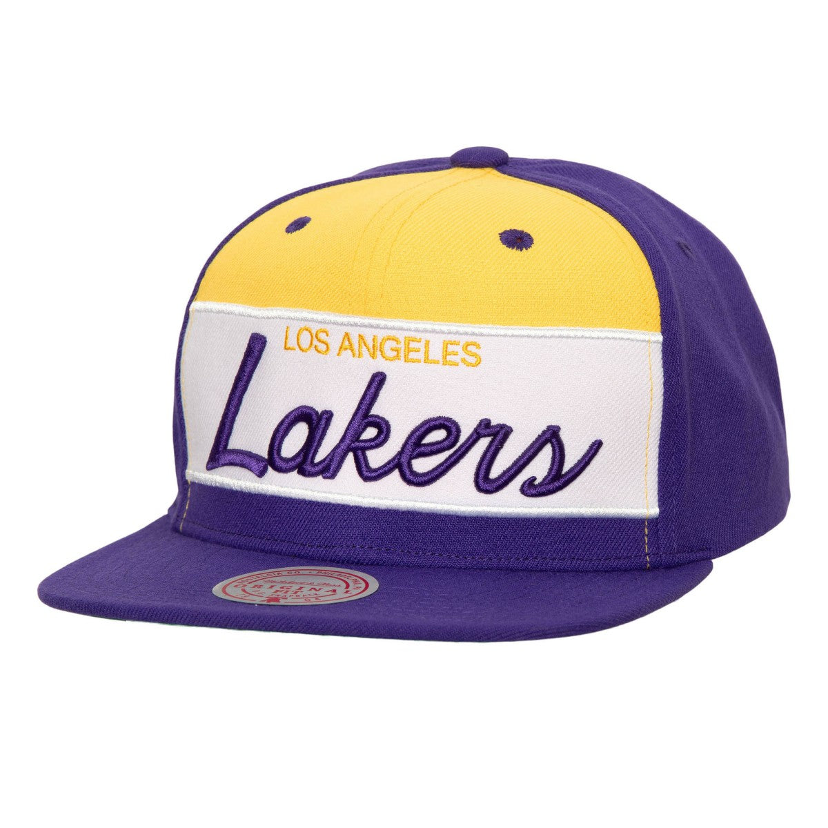 Mitchell & Ness - Los Angeles Lakers Retro Sport Color Block Script Snapback Hat - White/Purple