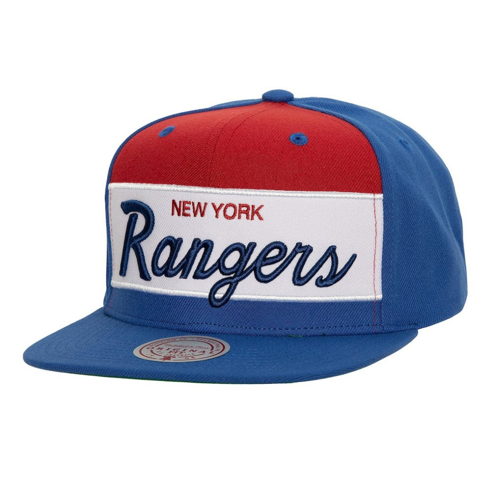 New York Rangers Mitchell & Ness Retro Script Colorblock Snapback Hat Blue