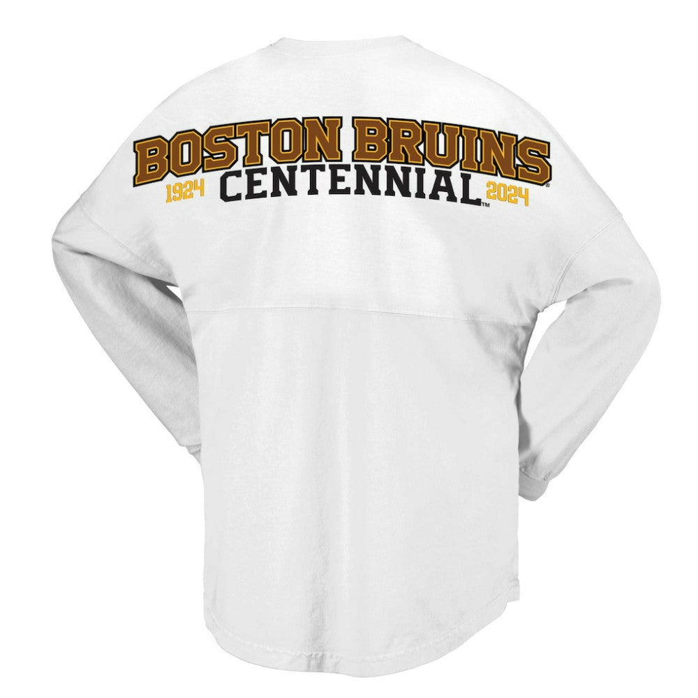 Boston Bruins Fanatics Women's 100th Anniversary Spirit Jersey T-Shirt White