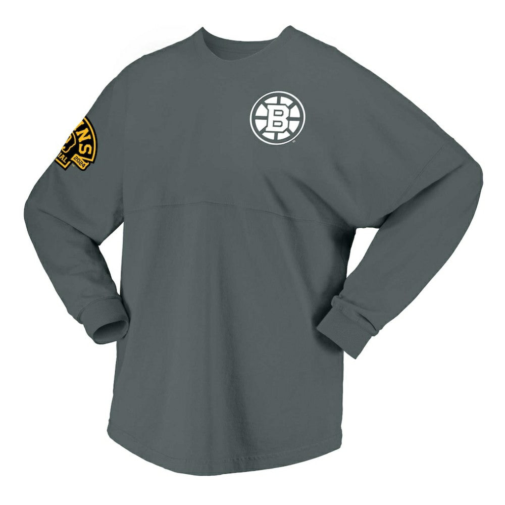Boston Bruins Fanatics Women's 100th Anniversary Spirit Jersey T-Shirt Gray
