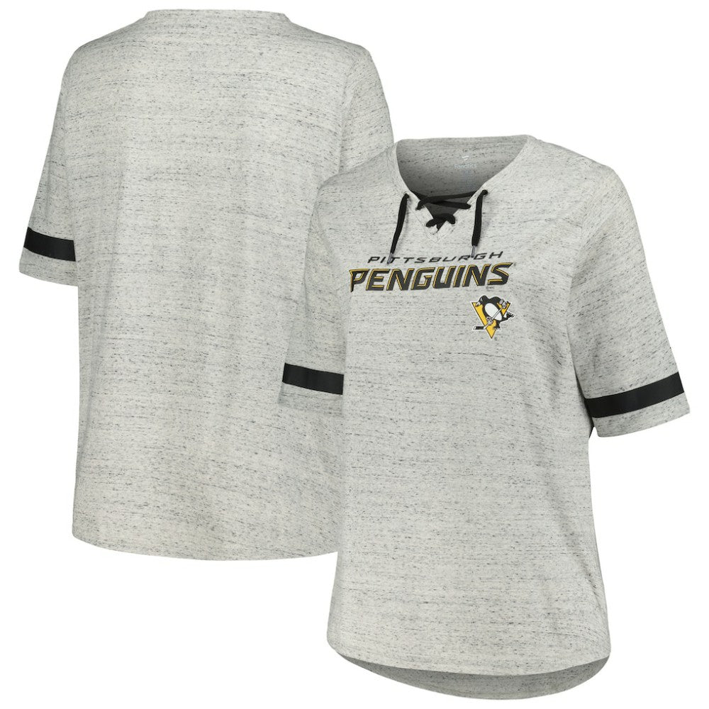 Pittsburgh Penguins Fanatics Women's Plus Size Lace-Up T-Shirt Heather Gray