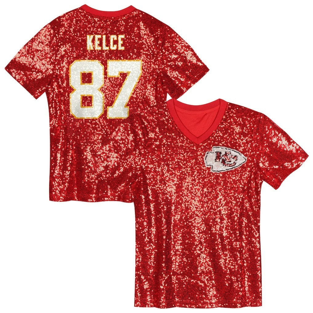Travis Kelce Kansas City Chiefs Girls Youth Sequin V-Neck Fashion Jersey - Red outlet | NFL Jerseys