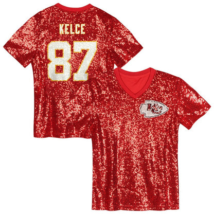 Travis Kelce Kansas City Chiefs Girls Youth Sequin V-Neck Fashion Jersey - Red outlet | NFL Jerseys