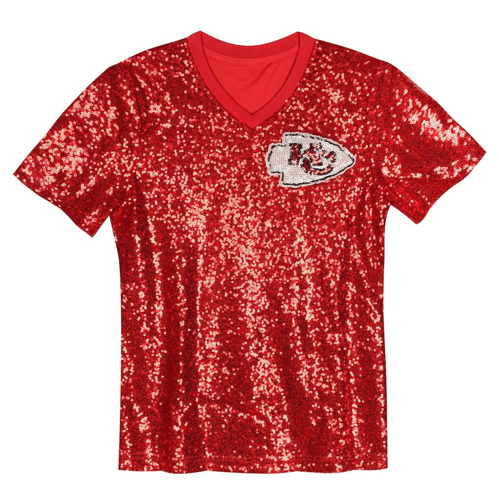 Travis Kelce Kansas City Chiefs Girls Youth Sequin V-Neck Fashion Jersey Red - NFL