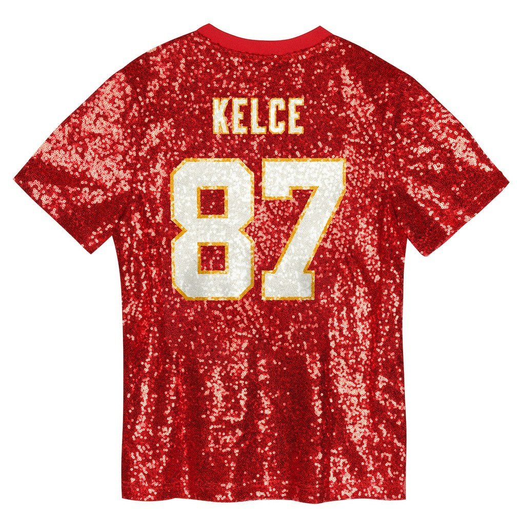 Travis Kelce Kansas City Chiefs Girls Youth Sequin V-Neck Fashion Jersey Red - NFL