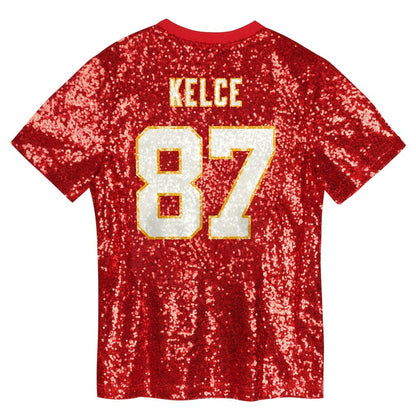 Travis Kelce Kansas City Chiefs Girls Youth Sequin V-Neck Fashion Jersey - Red outlet | NFL Jerseys