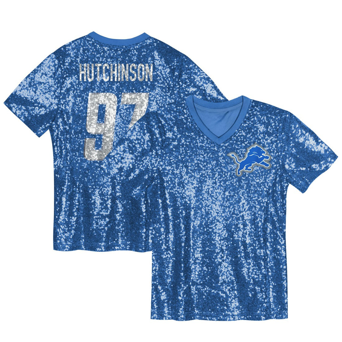 Aidan Hutchinson Detroit Lions Girls Youth Sequin V-Neck Fashion Jersey - Blue discount | NFL Jerseys