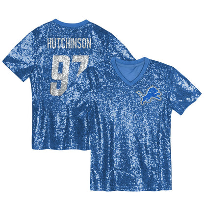 Aidan Hutchinson Detroit Lions Girls Youth Sequin V-Neck Fashion Jersey - Blue discount | NFL Jerseys