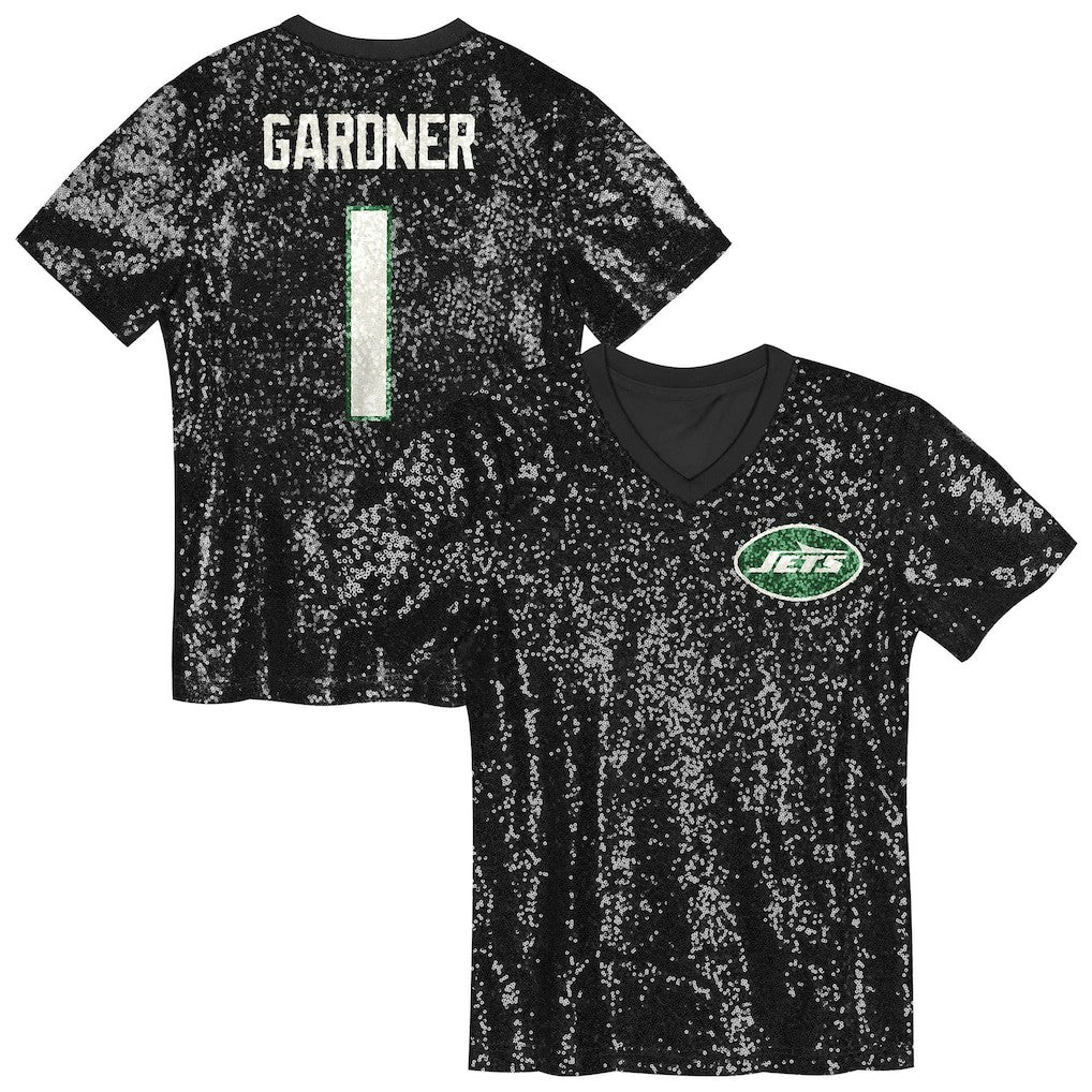 Sauce Gardner New York Jets Girls Youth Sequin V-Neck Fashion Jersey Black - NFL