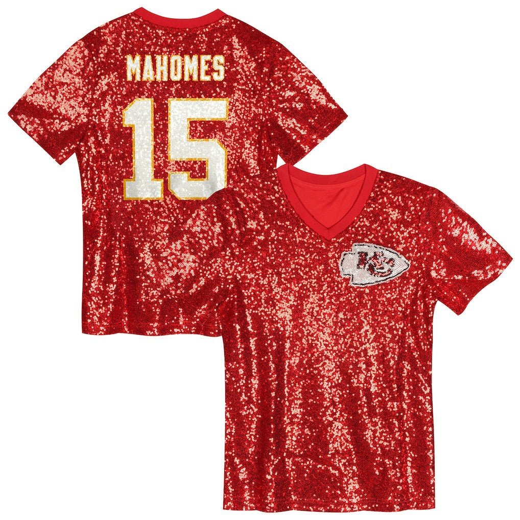 Patrick Mahomes Kansas City Chiefs Girls Youth Sequin V-Neck Fashion Jersey - Red discount | NFL Jerseys