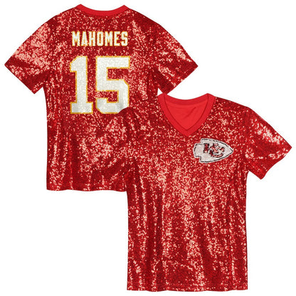 Patrick Mahomes Kansas City Chiefs Girls Youth Sequin V-Neck Fashion Jersey - Red discount | NFL Jerseys