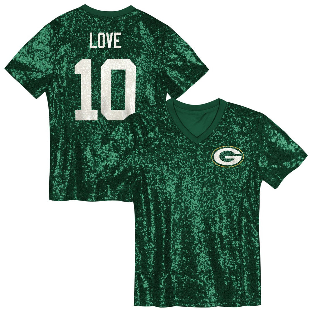 Jordan Love Green Bay Packers Girls Youth Sequin V-Neck Fashion Jersey Green - NFL