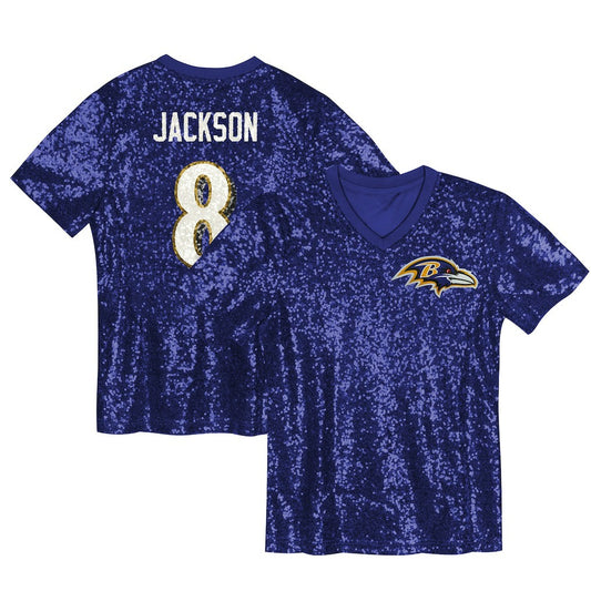 Lamar Jackson Baltimore Ravens Girls Youth Sequin V-Neck Fashion Jersey - Purple on sale | NFL Jerseys