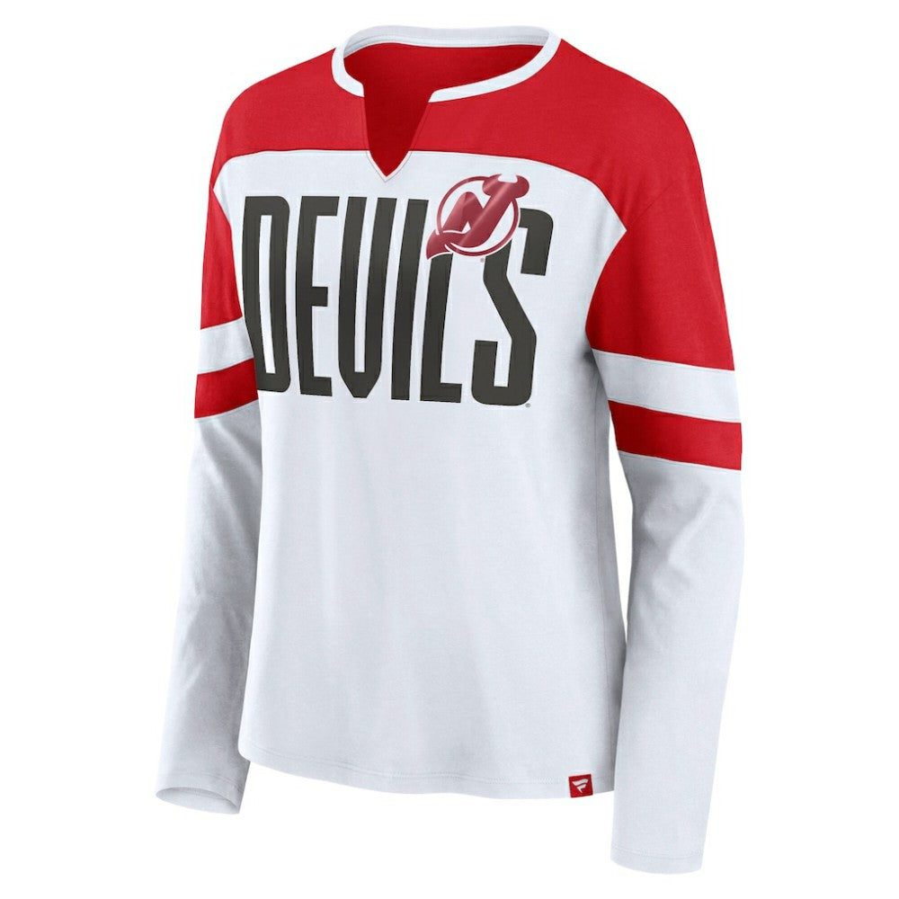 New Jersey Devils - Fanatics Women's Frozen Long Sleeve Notch Neck T-Shirt White/Red