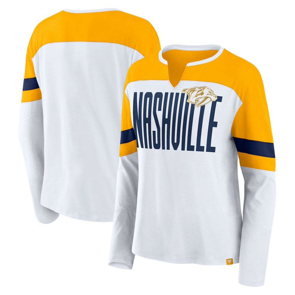Nashville Predators - Fanatics Women's Frozen Long Sleeve Notch Neck T-Shirt White/Gold