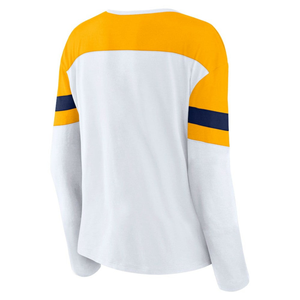 Nashville Predators - Fanatics Women's Frozen Long Sleeve Notch Neck T-Shirt White/Gold