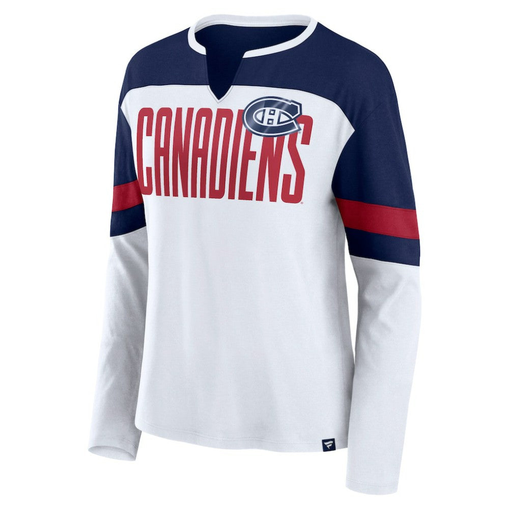 Montreal Canadiens - Fanatics Women's Frozen Long Sleeve Notch Neck T-Shirt White/Navy