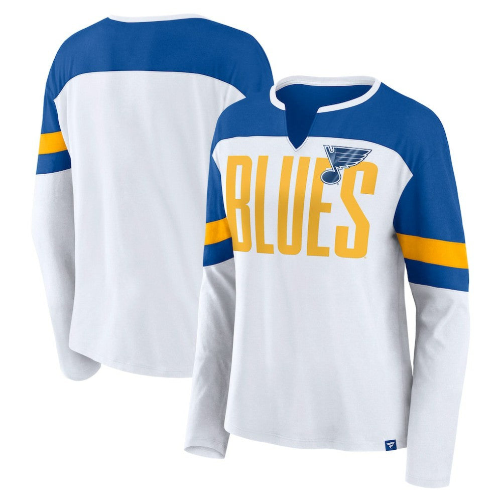 St. Louis Blues - Fanatics Women's Frozen Long Sleeve Notch Neck T-Shirt White/Blue