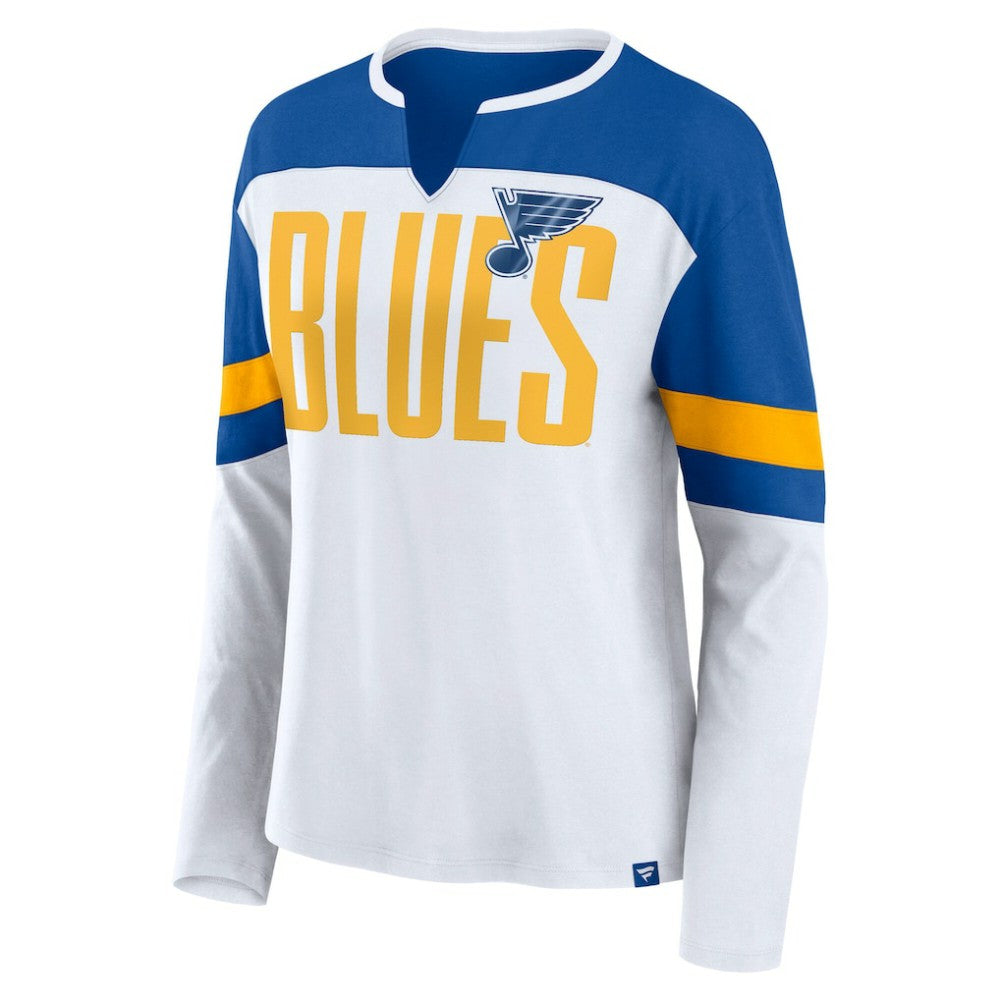 St. Louis Blues - Fanatics Women's Frozen Long Sleeve Notch Neck T-Shirt White/Blue