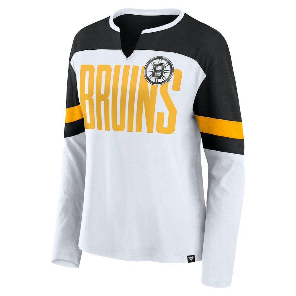 Boston Bruins Fanatics Women's Frozen Long Sleeve Notch Neck T-Shirt White/Black
