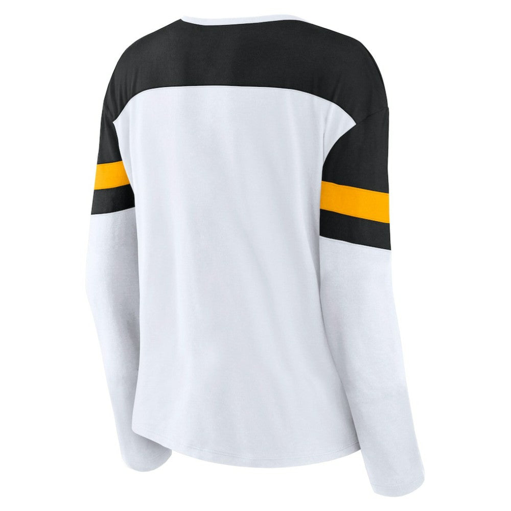 Boston Bruins Fanatics Women's Frozen Long Sleeve Notch Neck T-Shirt White/Black
