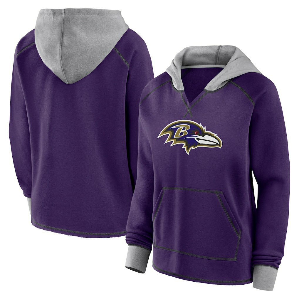 Baltimore Ravens Logo Athletic Women's Boom Fleece Pullover V-Neck Hoodie Purple - NFL