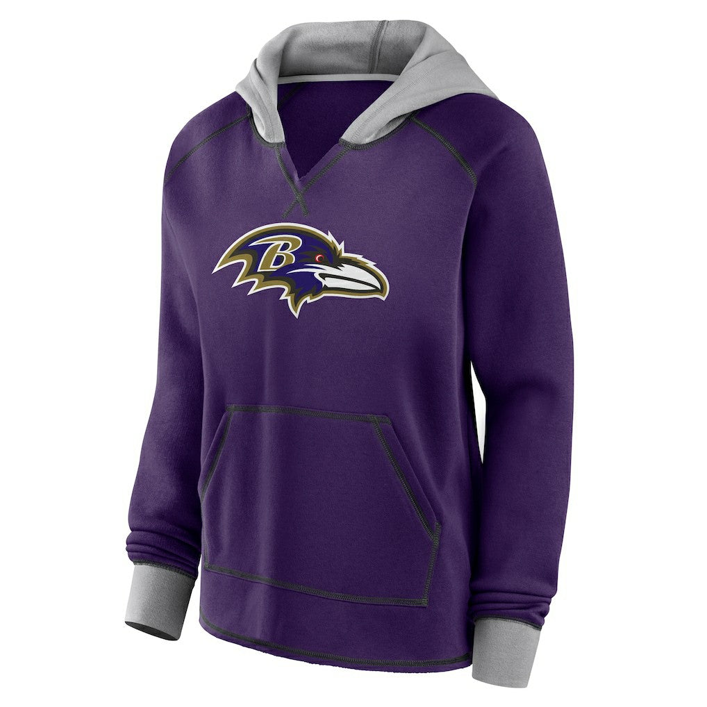 Baltimore Ravens Logo Athletic Women's Boom Fleece Pullover V-Neck Hoodie Purple - NFL