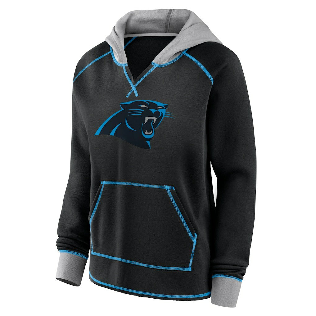 Carolina Panthers Logo Athletic Women's Boom Fleece Pullover V-Neck Hoodie Black - NFL