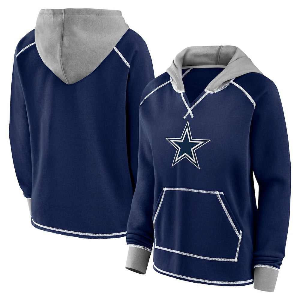 Dallas Cowboys Logo Athletic Women's Boom Fleece Pullover V-Neck Hoodie Navy - NFL