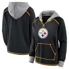 Pittsburgh Steelers Logo Athletic Women's Boom Fleece Pullover V-Neck Hoodie Black - NFL