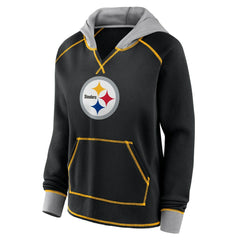 Pittsburgh Steelers Logo Athletic Women's Boom Fleece Pullover V-Neck Hoodie Black - NFL