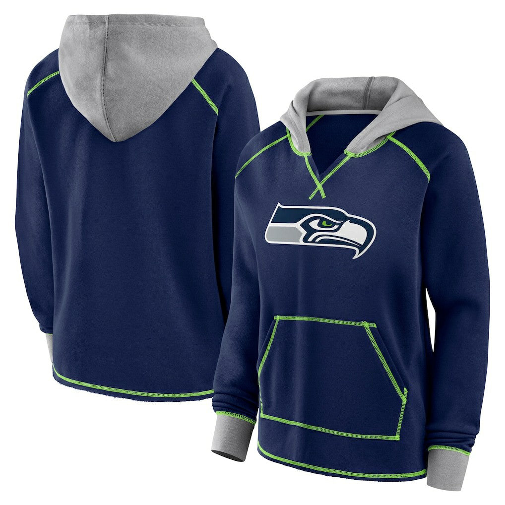 Seattle Seahawks Logo Athletic Women's Boom Fleece Pullover V-Neck Hoodie College Navy - NFL