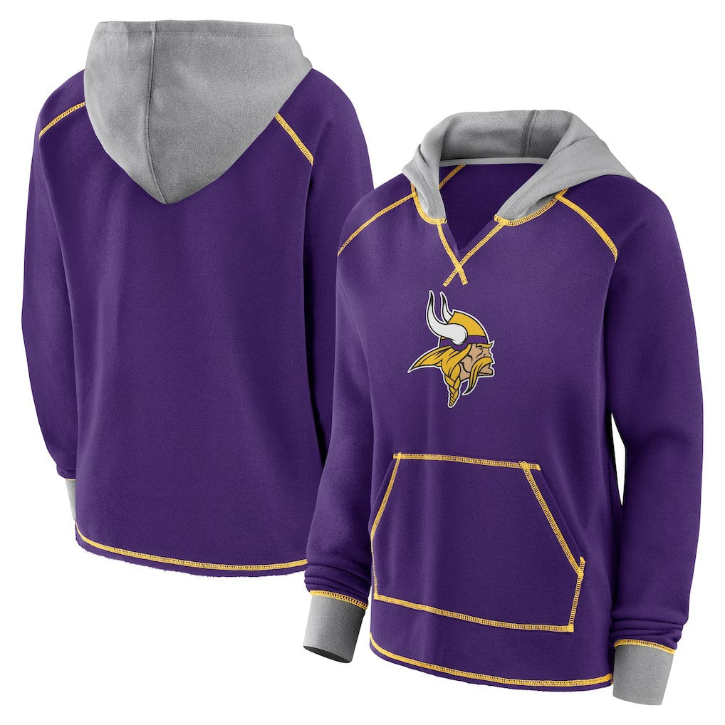 Minnesota Vikings Logo Athletic Women's Boom Fleece Pullover V-Neck Hoodie Purple - NFL