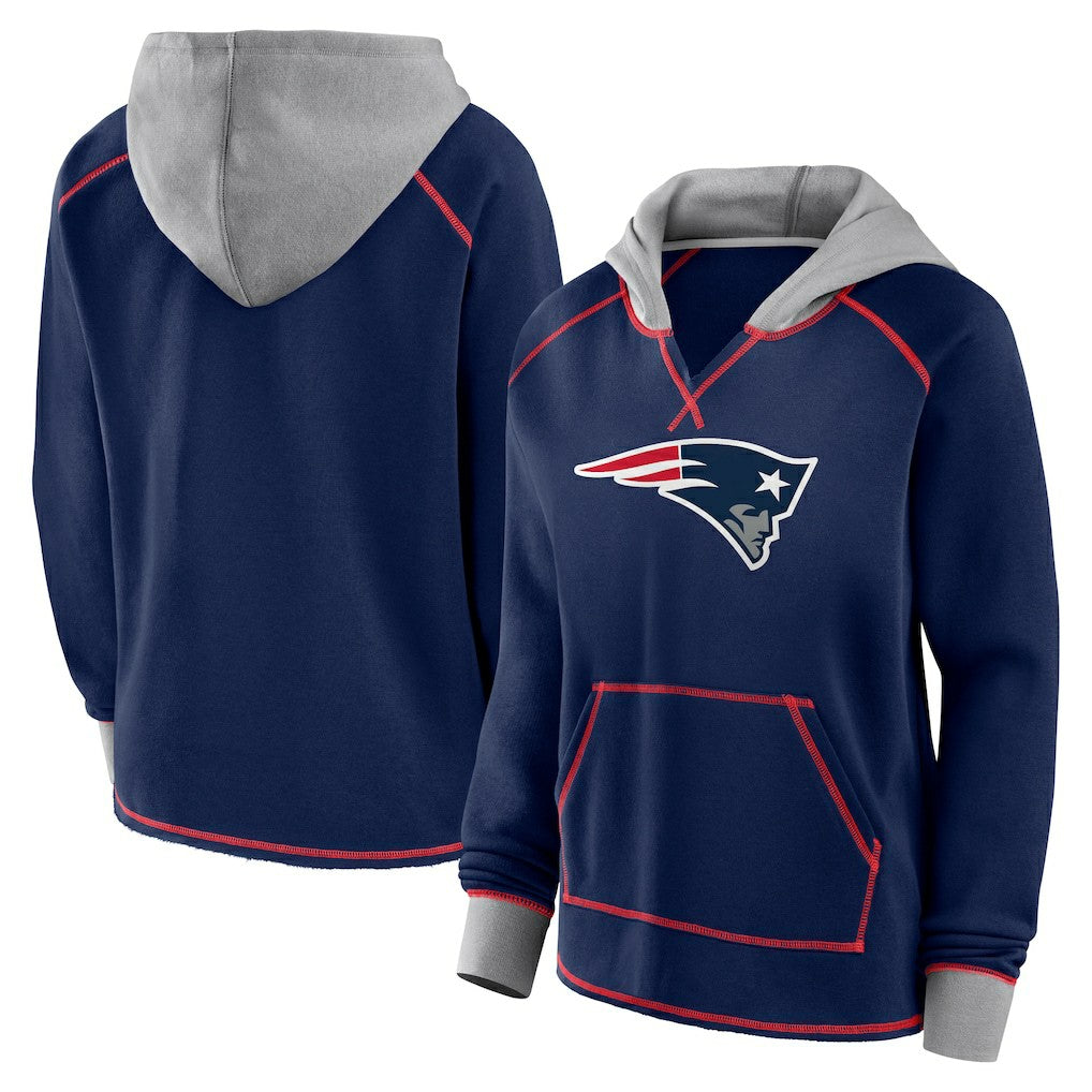 New England Patriots Logo Athletic Women's Boom Fleece Pullover V-Neck Hoodie Navy - NFL