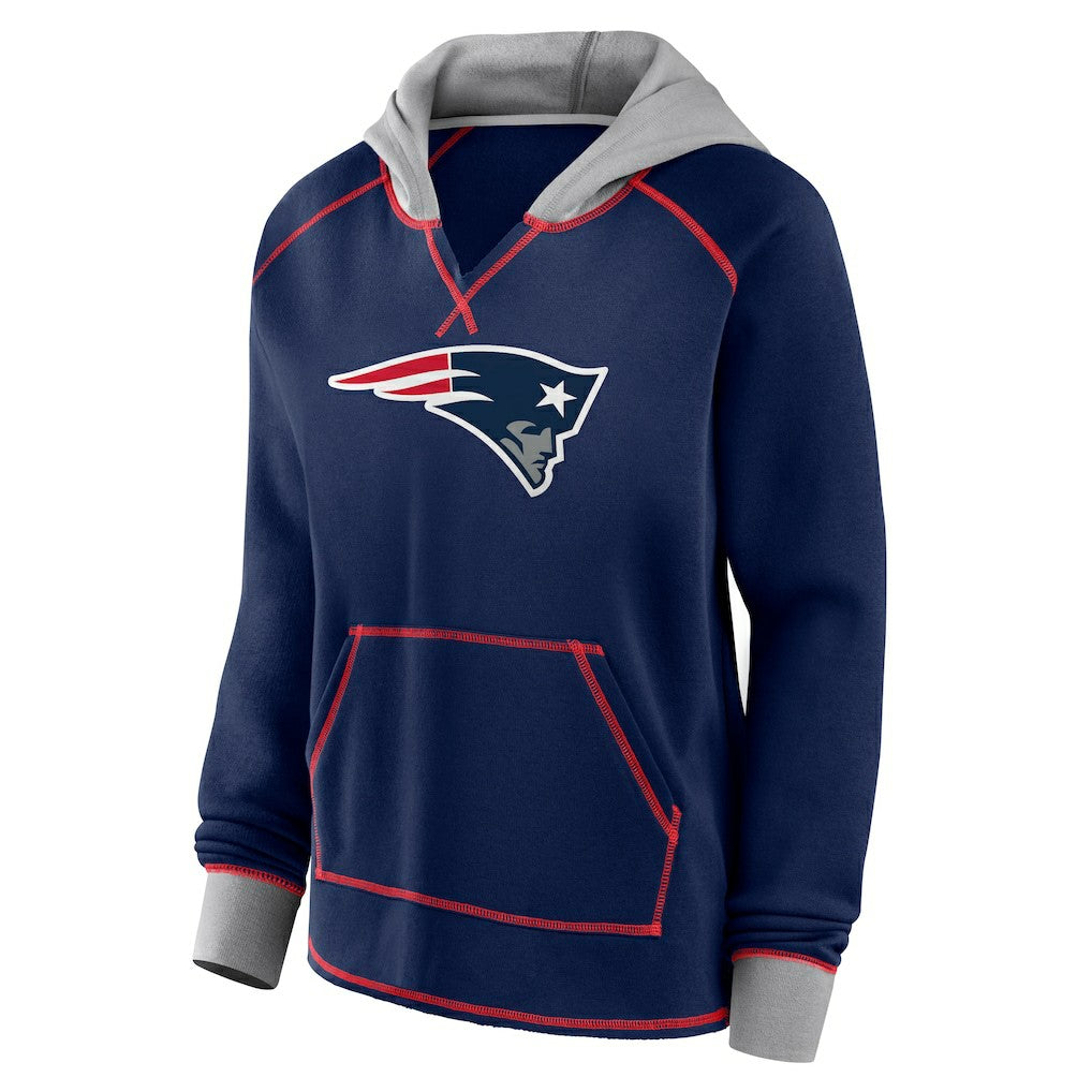 New England Patriots Logo Athletic Women's Boom Fleece Pullover V-Neck Hoodie Navy - NFL