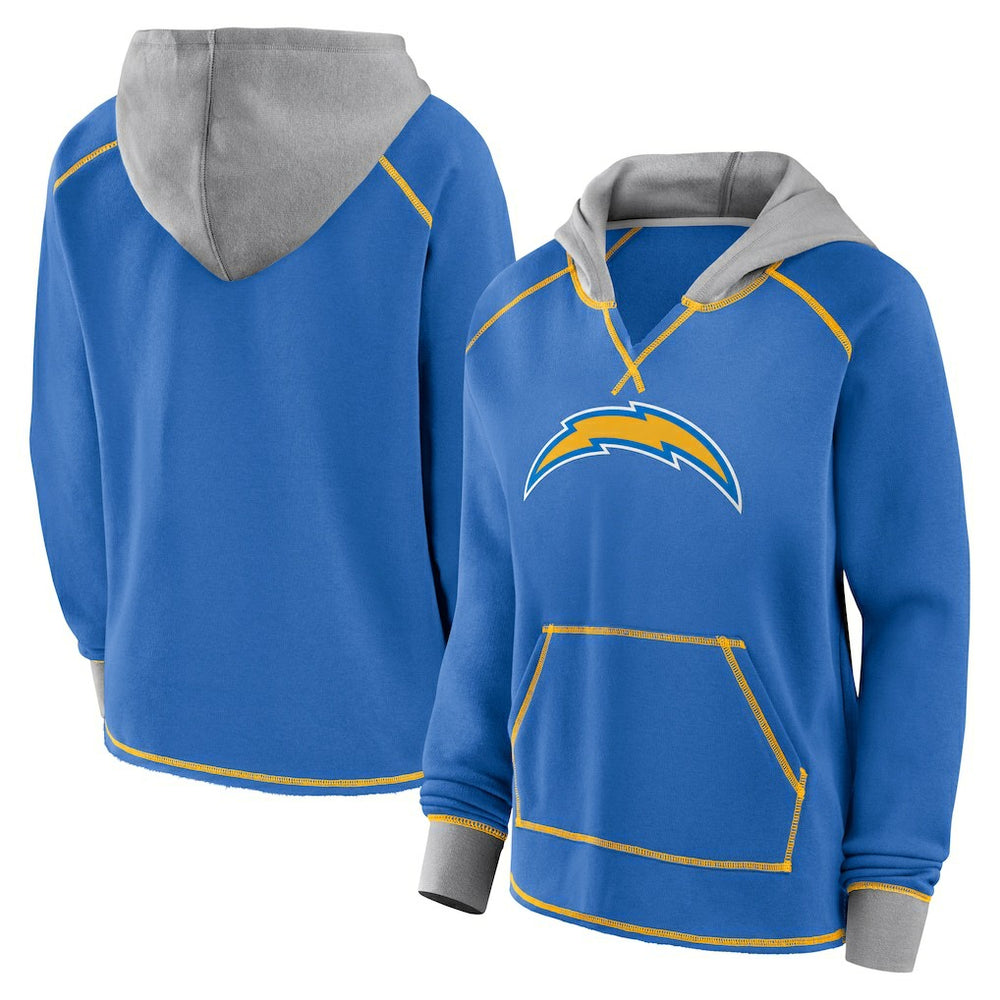 Los Angeles Chargers Logo Athletic Women's Boom Fleece Pullover V-Neck Hoodie Powder Blue - NFL