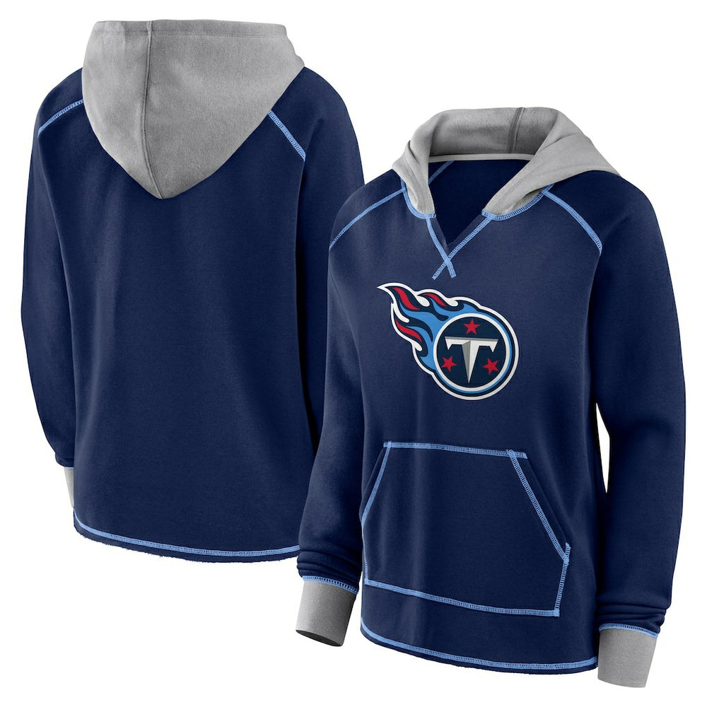 Tennessee Titans Logo Athletic Women's Boom Fleece Pullover V-Neck Hoodie Navy - NFL